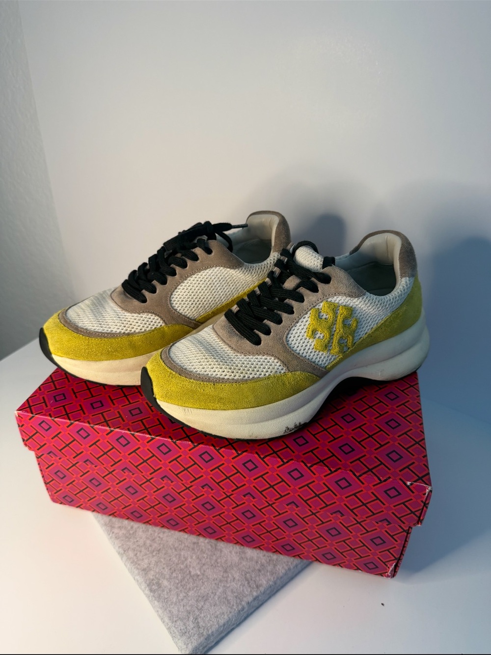 Tory Burch Kick Trainer Yellow Suede & Cream Mesh Women’s Sneaker